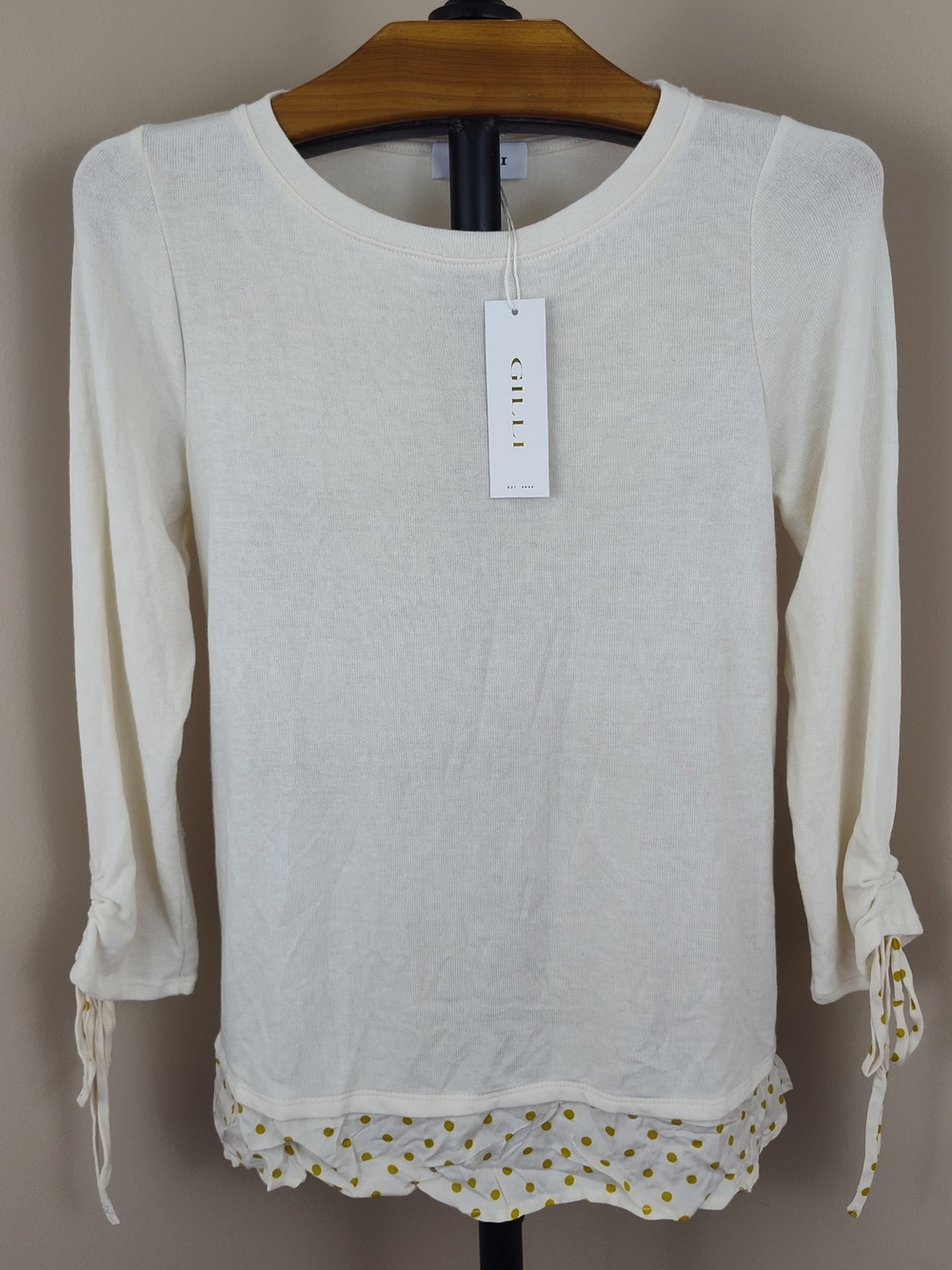Gilli Cream Long Sleeve Top with Yellow Polka Dot Ruffle Hem